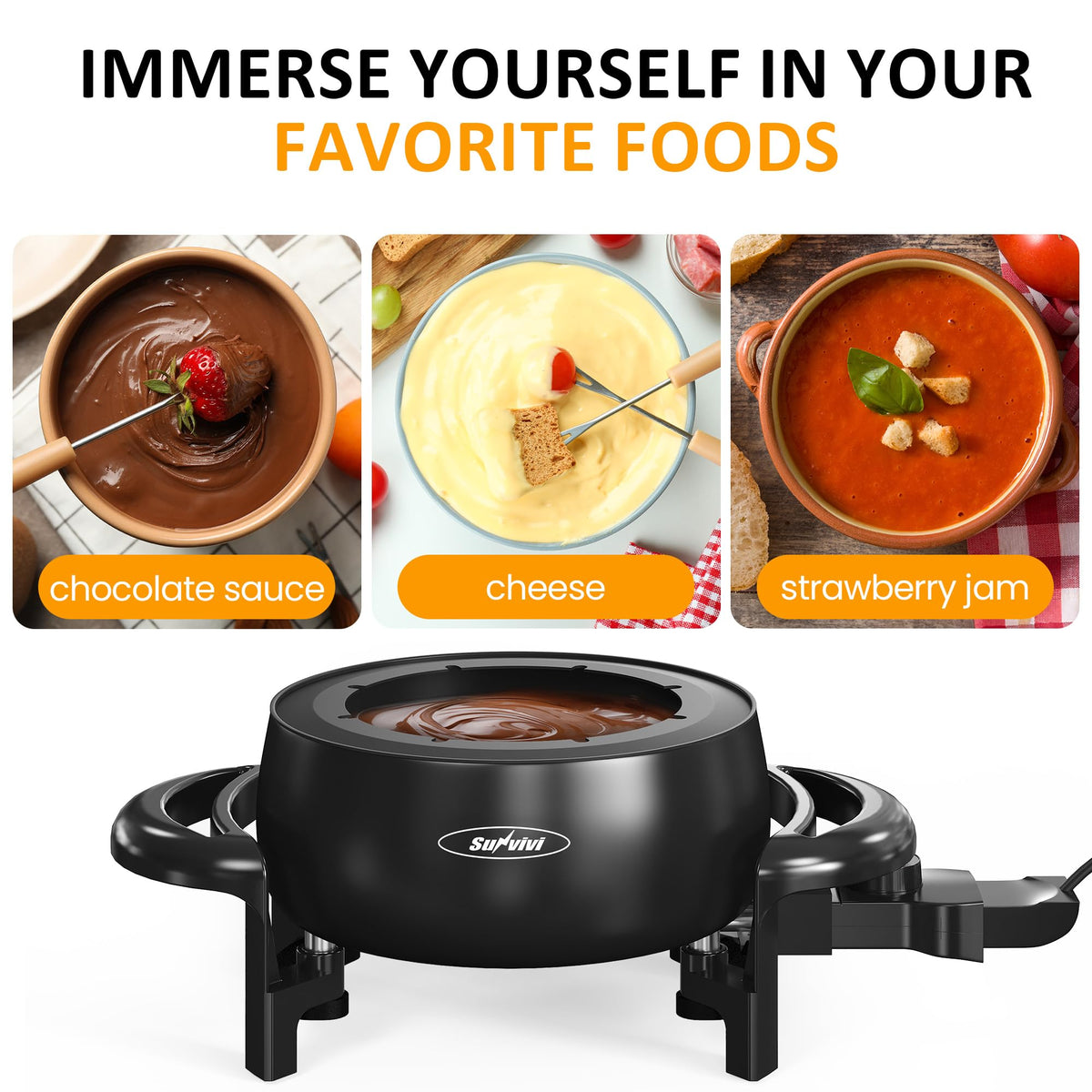 Sunvivi 3-Quart Electric Fondue Pot front with adjustable temperature control.