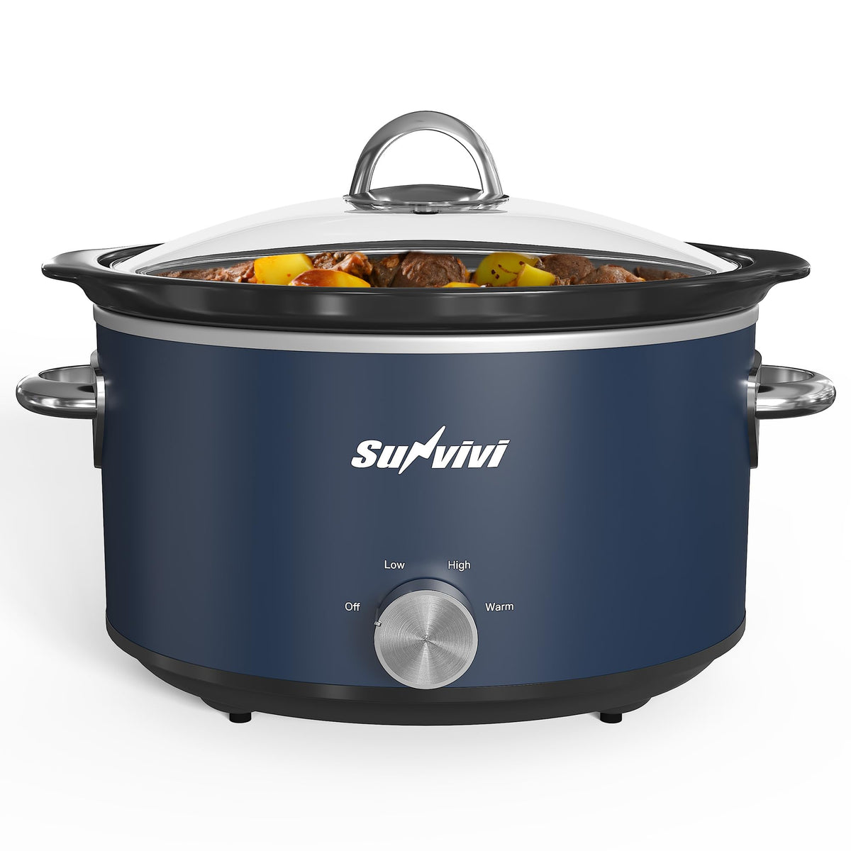 Sunvivi slow cooker blue lid showcases glass cover for gentle steaming.