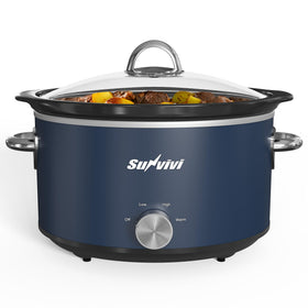 Sunvivi slow cooker blue lid showcases glass cover for gentle steaming.