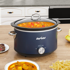 Sunvivi 4-quart slow cooker blue pot with removable ceramic insert for easy meals.