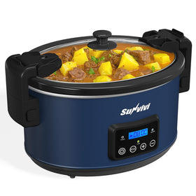Sunvivi 8.5 Qt slow cooker blue with latch lid for spill-free family meals.