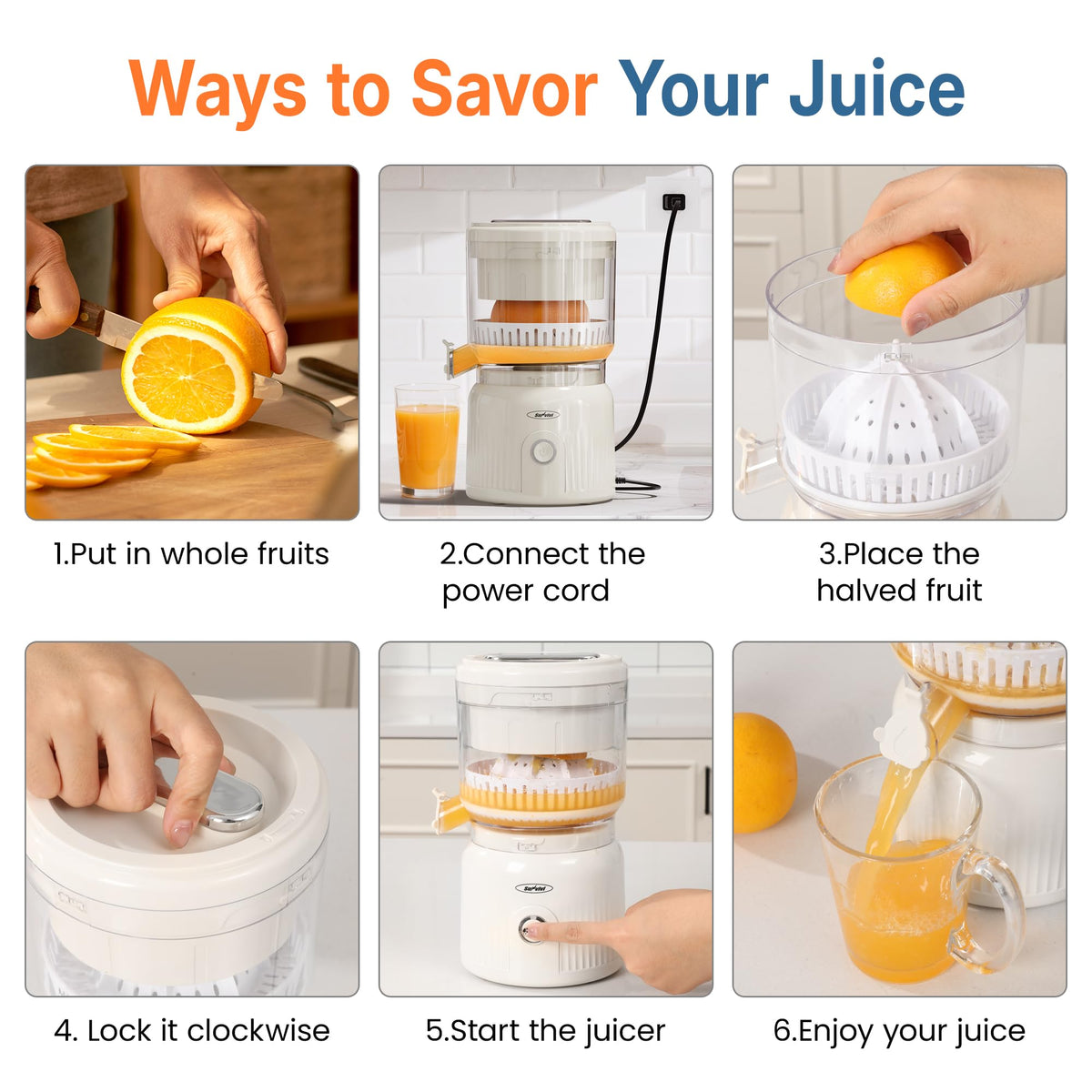 Sunvivi citrus juicer pouring fresh juice into a glass