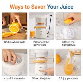 Sunvivi citrus juicer pouring fresh juice into a glass