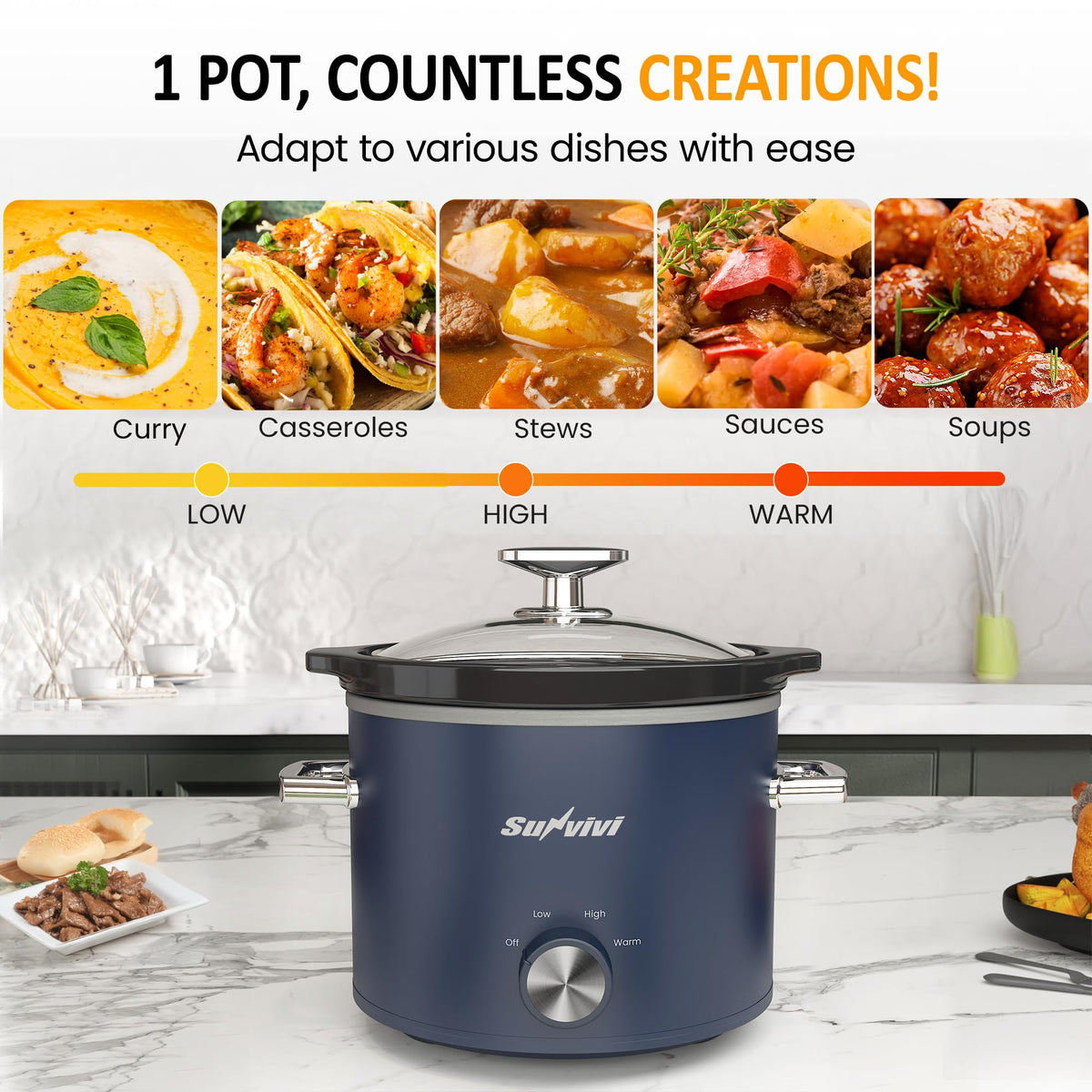 SUNVIVI compact slow cooker fits small kitchens for 2 4 servings