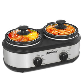 Sunvivi dual slow cooker left pot with lid for separate dishes.