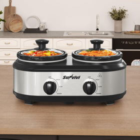 Sunvivi dual slow cooker right pot with lid for another dish.
