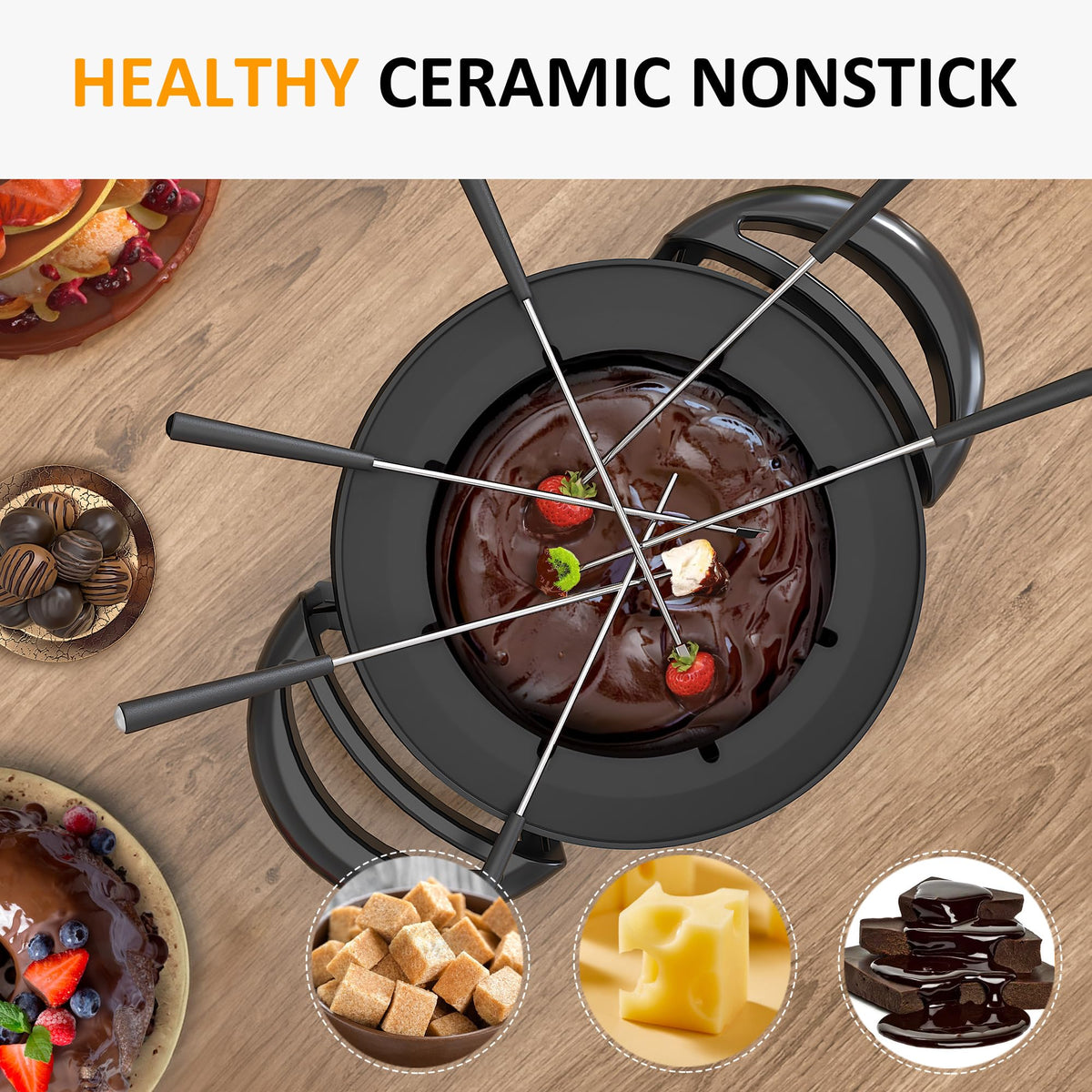 Sunvivi fondue pot cool-touch handles for safe transport.