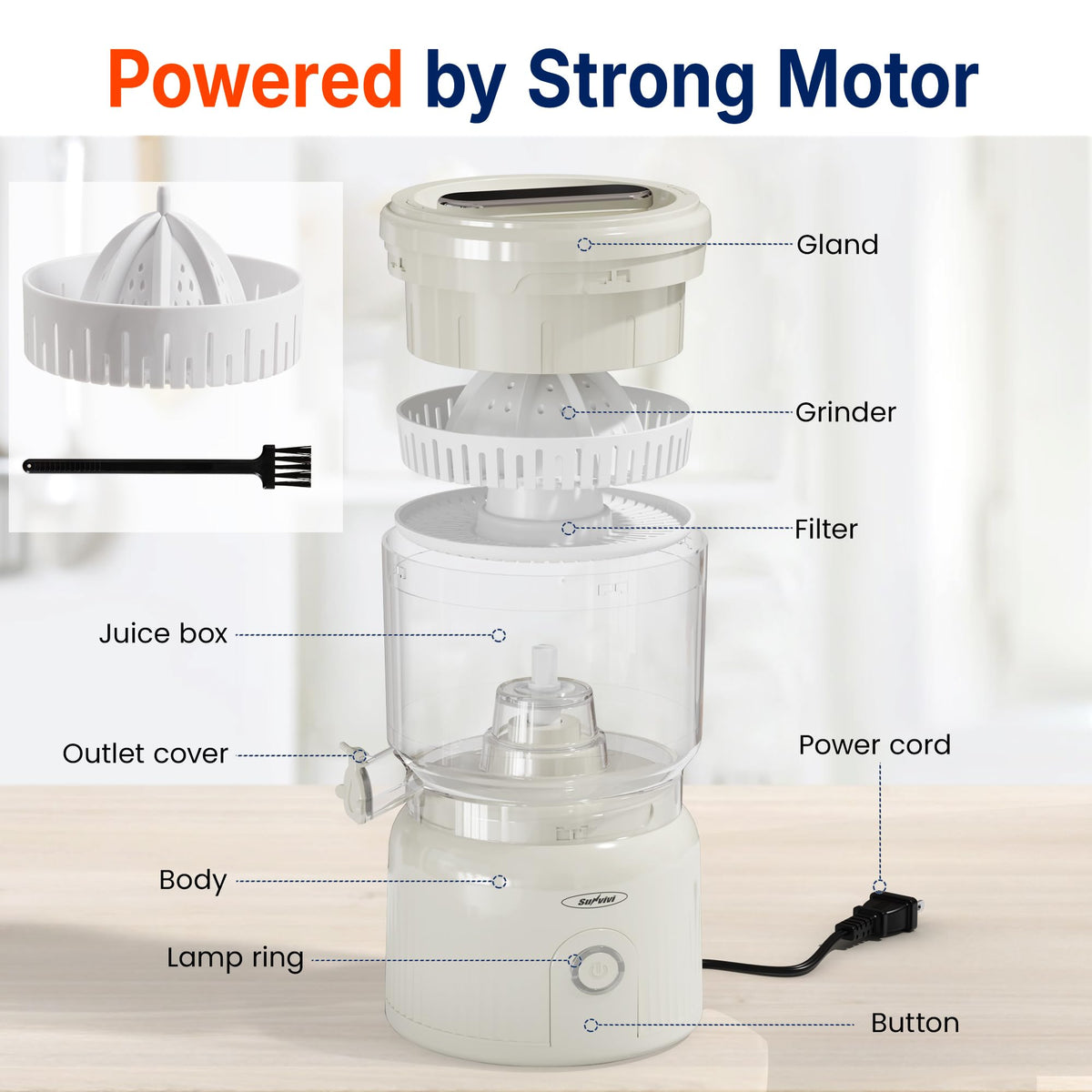Sunvivi juicer 90W motor label indicating high-speed performance