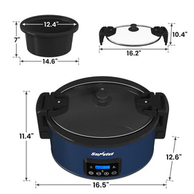 Sunvivi blue slow cooker with latch lid to prevent spills during transport.
