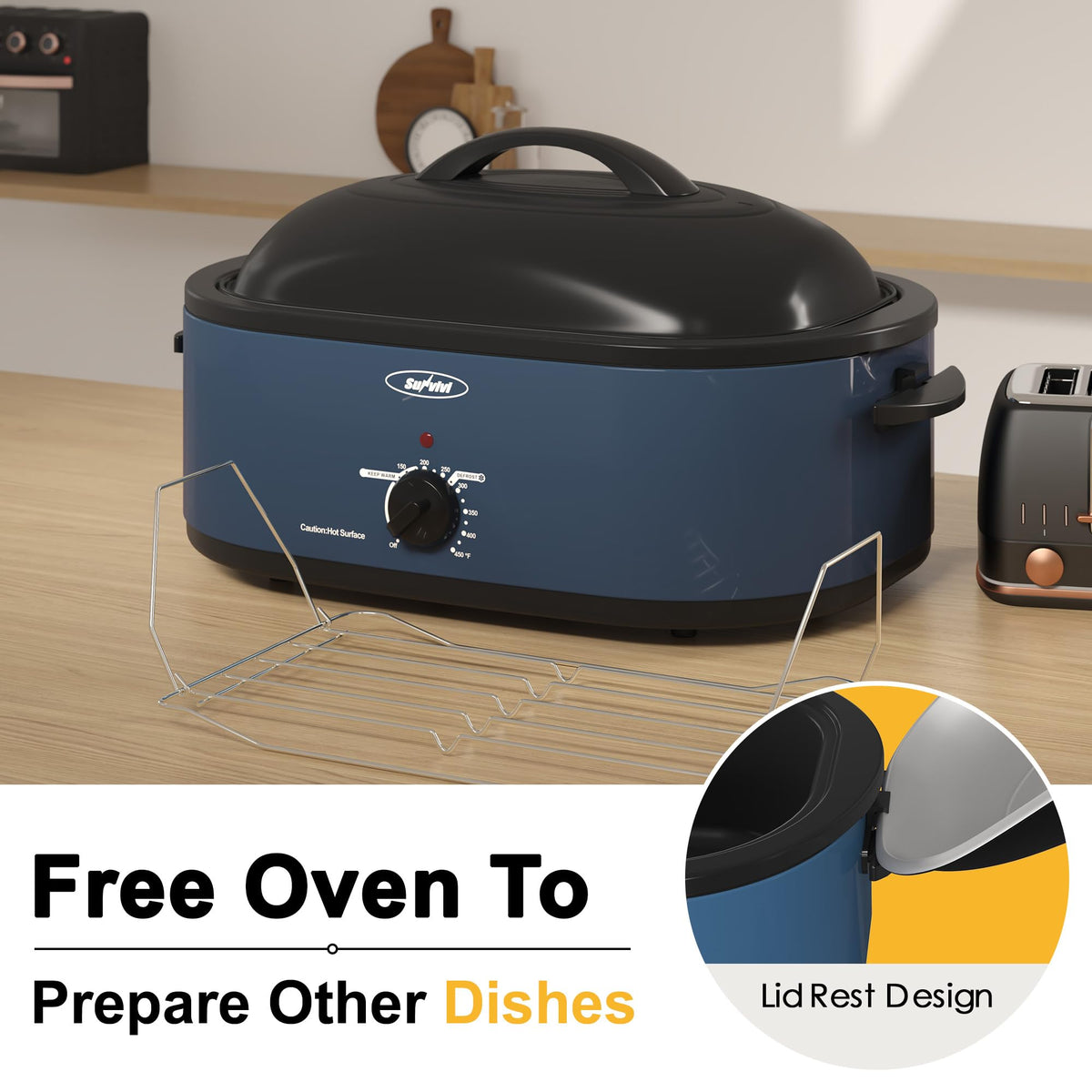 Sunvivi Roaster Oven removable enamel pan simplifies cleanup after cooking