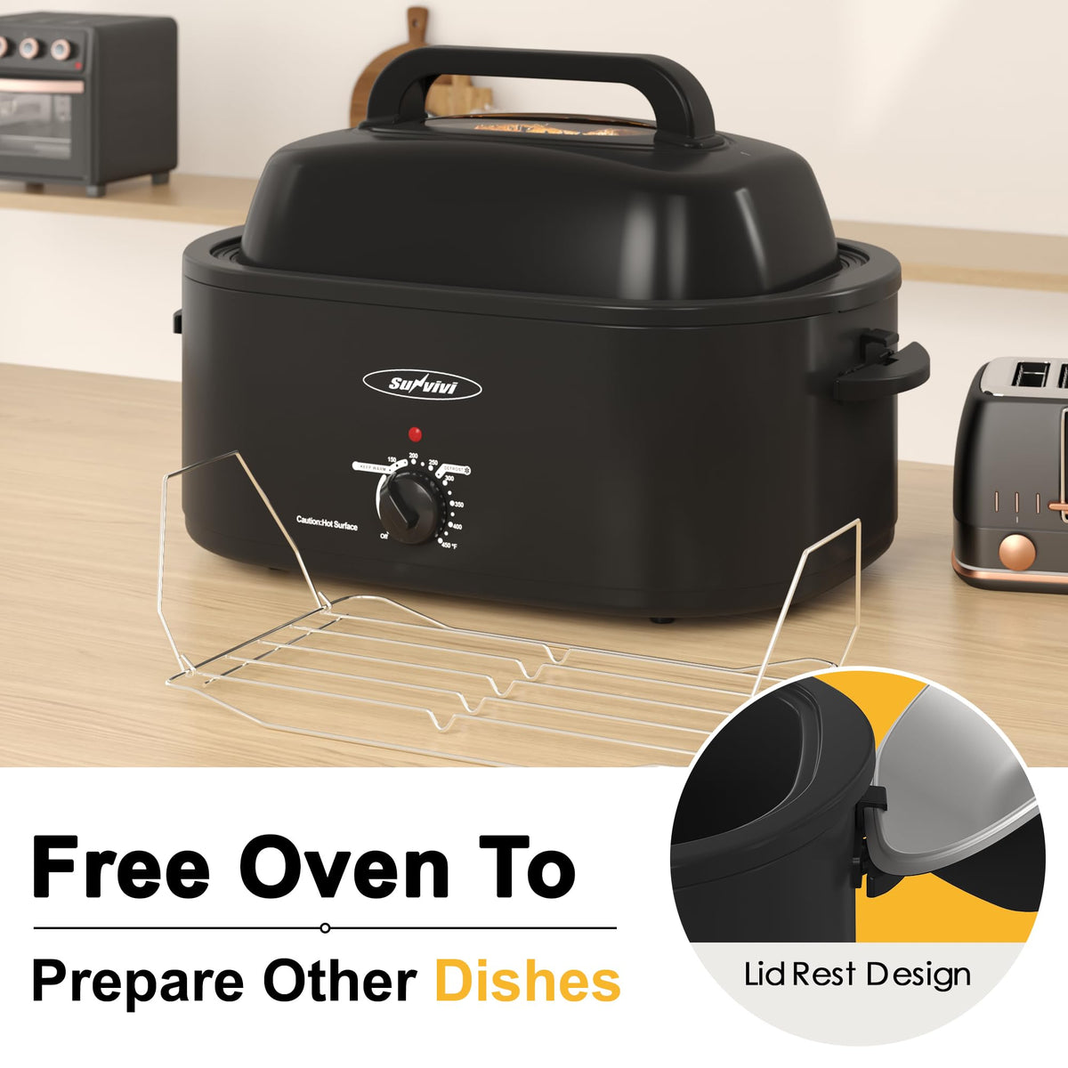 Sunvivi Roaster Oven handles turkeys up to 22 pounds for family meals.