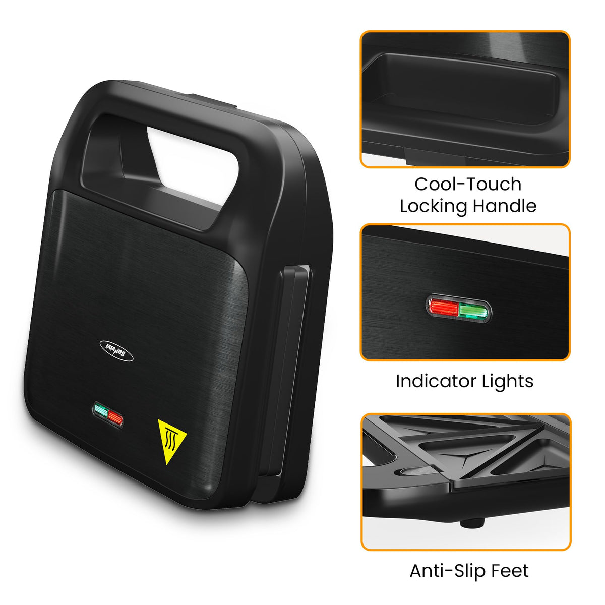 Sunvivi sandwich-maker indicator lights show when the unit is on and ready.