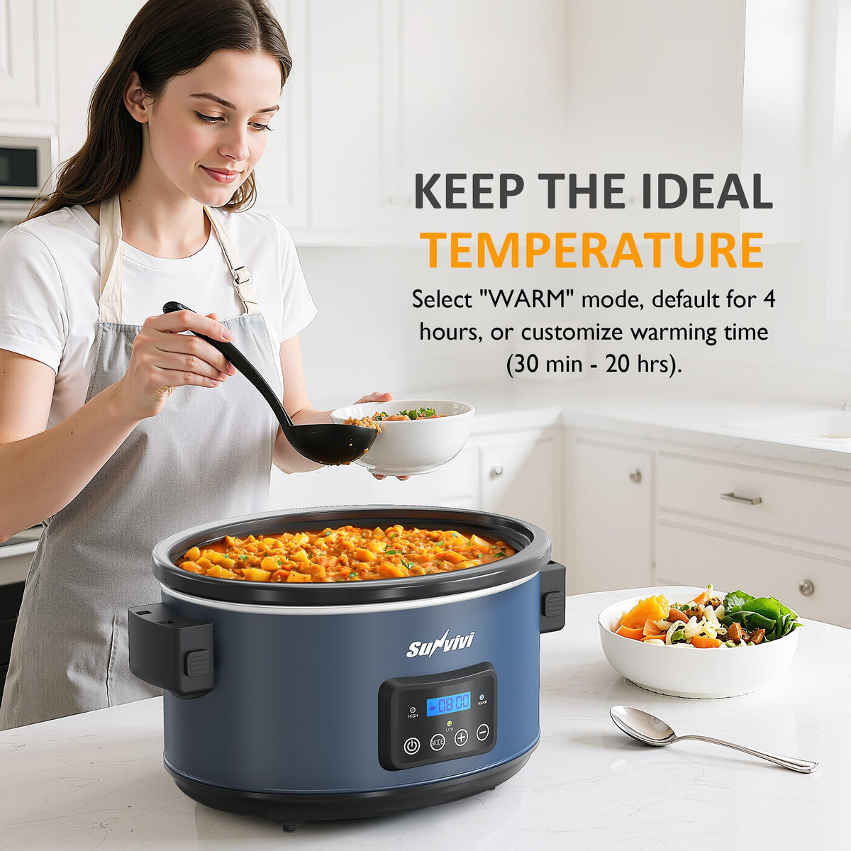 Sunvivi blue slow cooker displaying three cooking modes for flexibility.