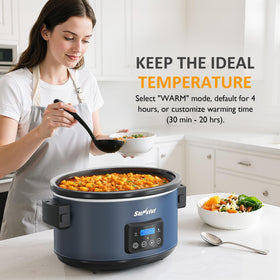 Sunvivi blue slow cooker displaying three cooking modes for flexibility.