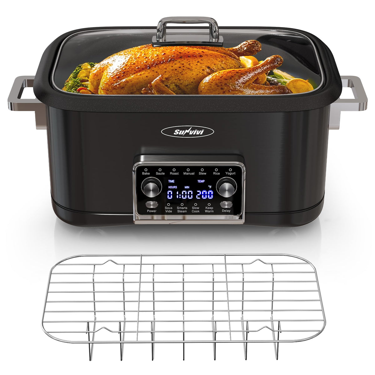 SUNVIVIPRO 12-in-1 slow cooker front view shows versatile meal prep for weeknights
