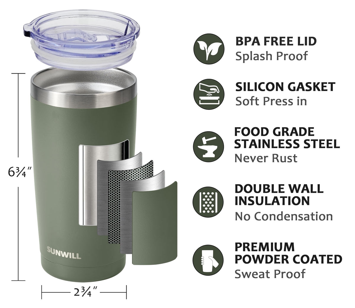 SUNWILL insulated 20 oz tumbler maintains heat and chill for hours.