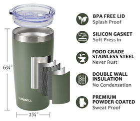 SUNWILL insulated 20 oz tumbler maintains heat and chill for hours.
