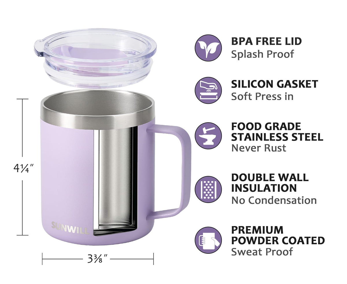 SUNWILL Travel Coffee Mug insulation keeps hot drinks hot for hours.