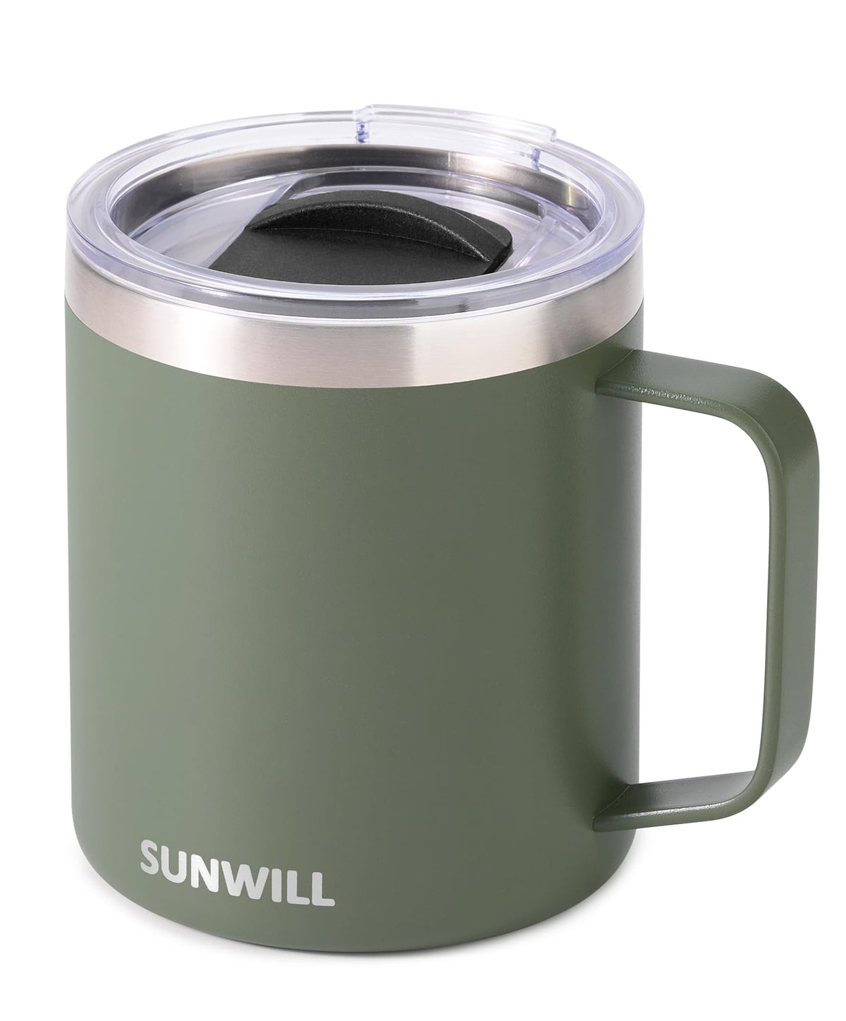 SUNWILL travel mug with lid shows insulated stainless steel for hot beverages