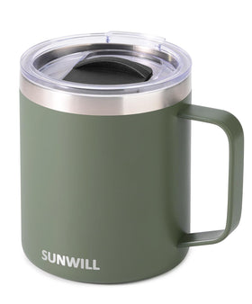 SUNWILL travel mug with lid shows insulated stainless steel for hot beverages