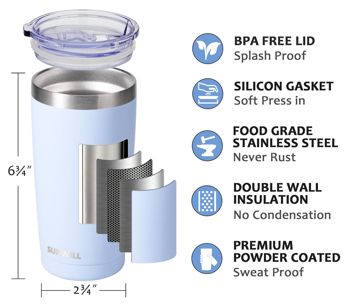 Sunwill Travel Coffee Tumbler 20oz lid snap highlights spill-resistant design