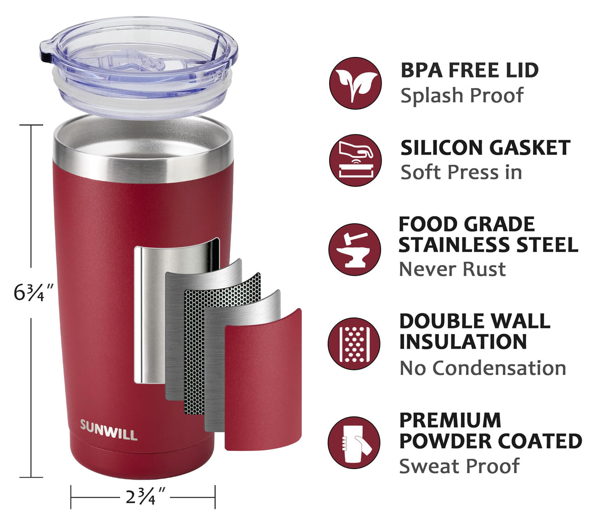 Sunwill Travel Coffee Tumbler 20oz stainless steel: durable and easy to clean.