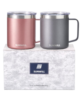 SUNWILL travel mug 14oz in cool grey with secure lid, ideal for daily commutes.