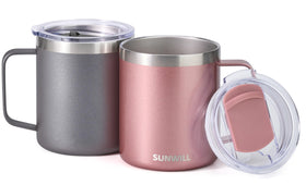 SUNWILL travel mug 14oz in rose gold, keeps beverages hot or cold during trips.