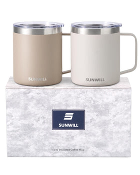 SUNWILL travel mug cream angled view with sturdy handle for everyday use