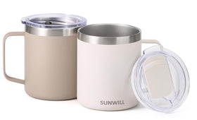 SUNWILL travel mug cream close-up highlights durable powder-coated finish
