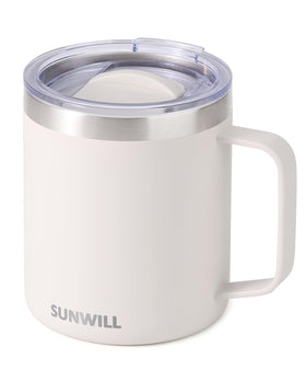 SUNWILL Travel Mug cream front view with sturdy handle for on-the-go use