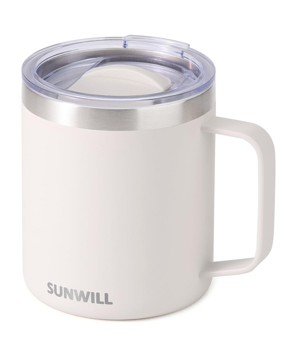 SUNWILL Travel Mug cream front view with sturdy handle for on-the-go use
