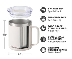 SUNWILL Travel Mug cream side view showing spill-resistant lid for commuting