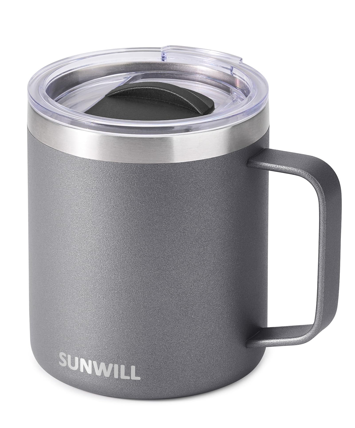 SUNWILL travel mug with lid shows 14 oz capacity, ideal for hot beverages on the go.