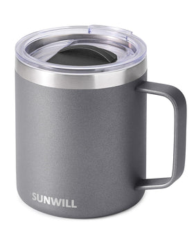SUNWILL travel mug with lid shows 14 oz capacity, ideal for hot beverages on the go.