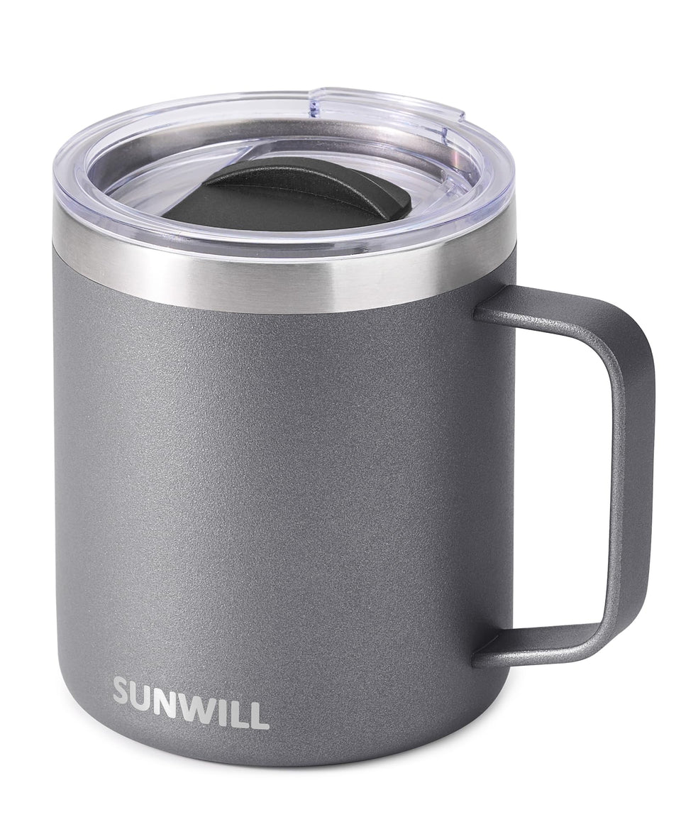 SUNWILL travel mug with lid shows 14 oz capacity, ideal for hot beverages on the go.