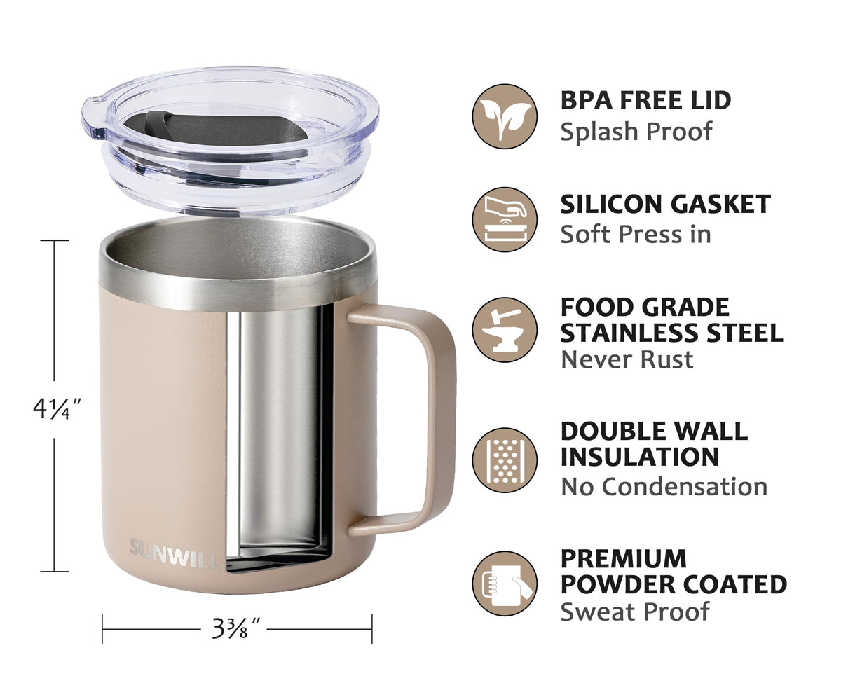 SUNWILL travel mug taupe angled view with spill-friendly lid