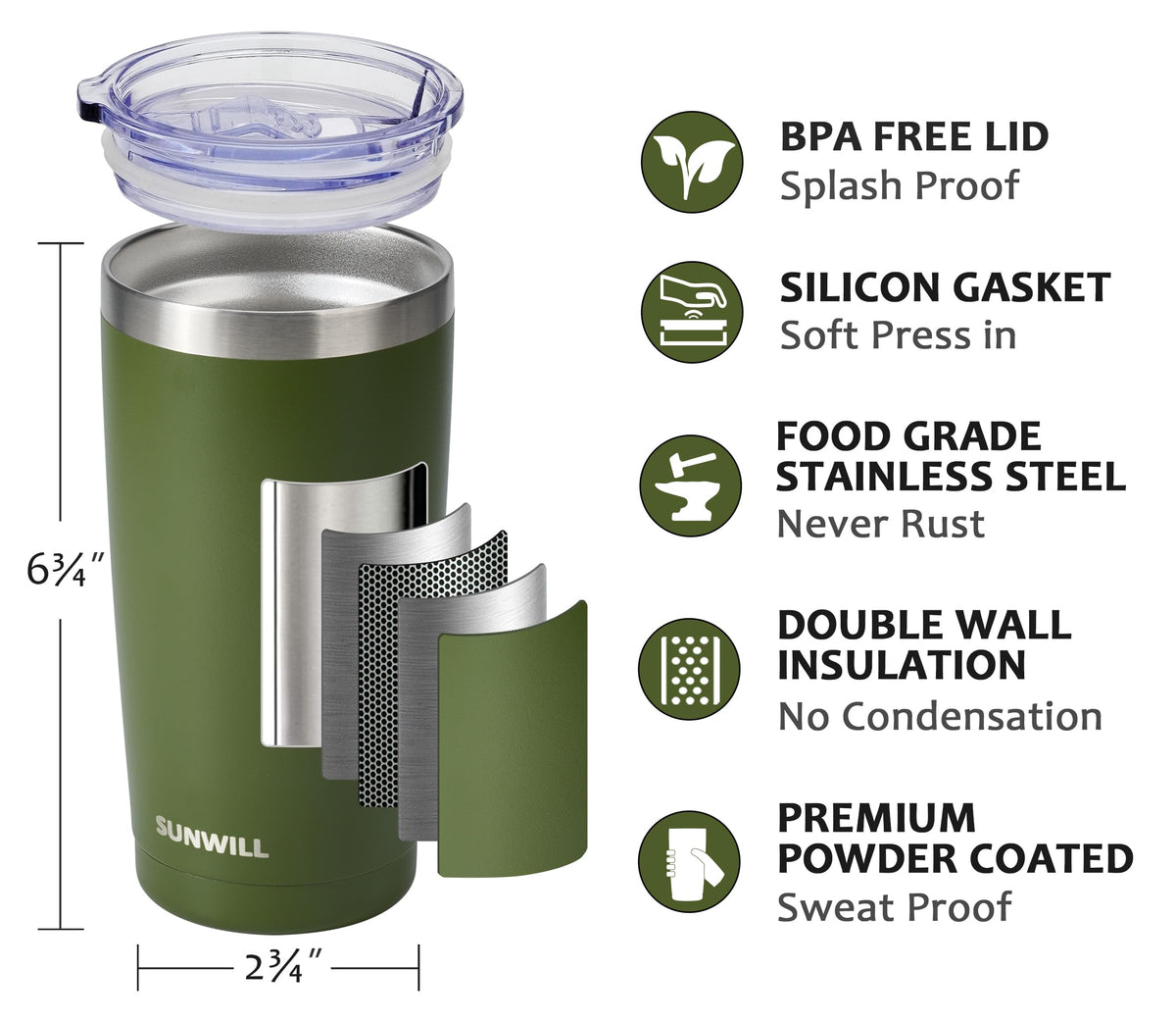 SUNWILL vacuum insulation keeps beverages hot or cold with condensation free.