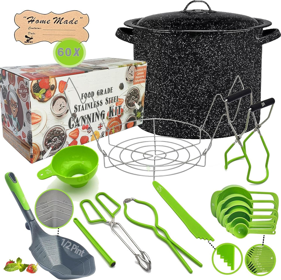 Supa Ant canning pot with rack and lid for water bath canning.