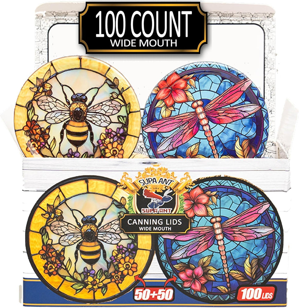 Supa Ant wide mouth lids with decorative tin design for stylish preserves.