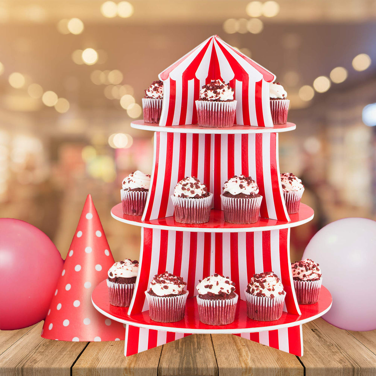 Red and white circus color theme cupcake stand by Super Z Outlet.