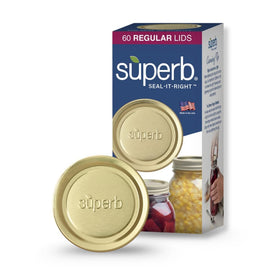 Superb Sealing Solutions regular-mouth lids 60-count gold for Ball and Kerr jars.