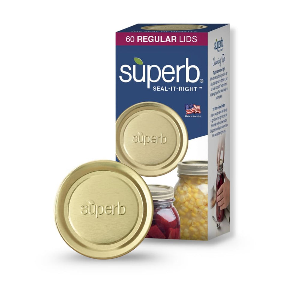 Superb Sealing Solutions regular-mouth lids 60-count gold for Ball and Kerr jars.