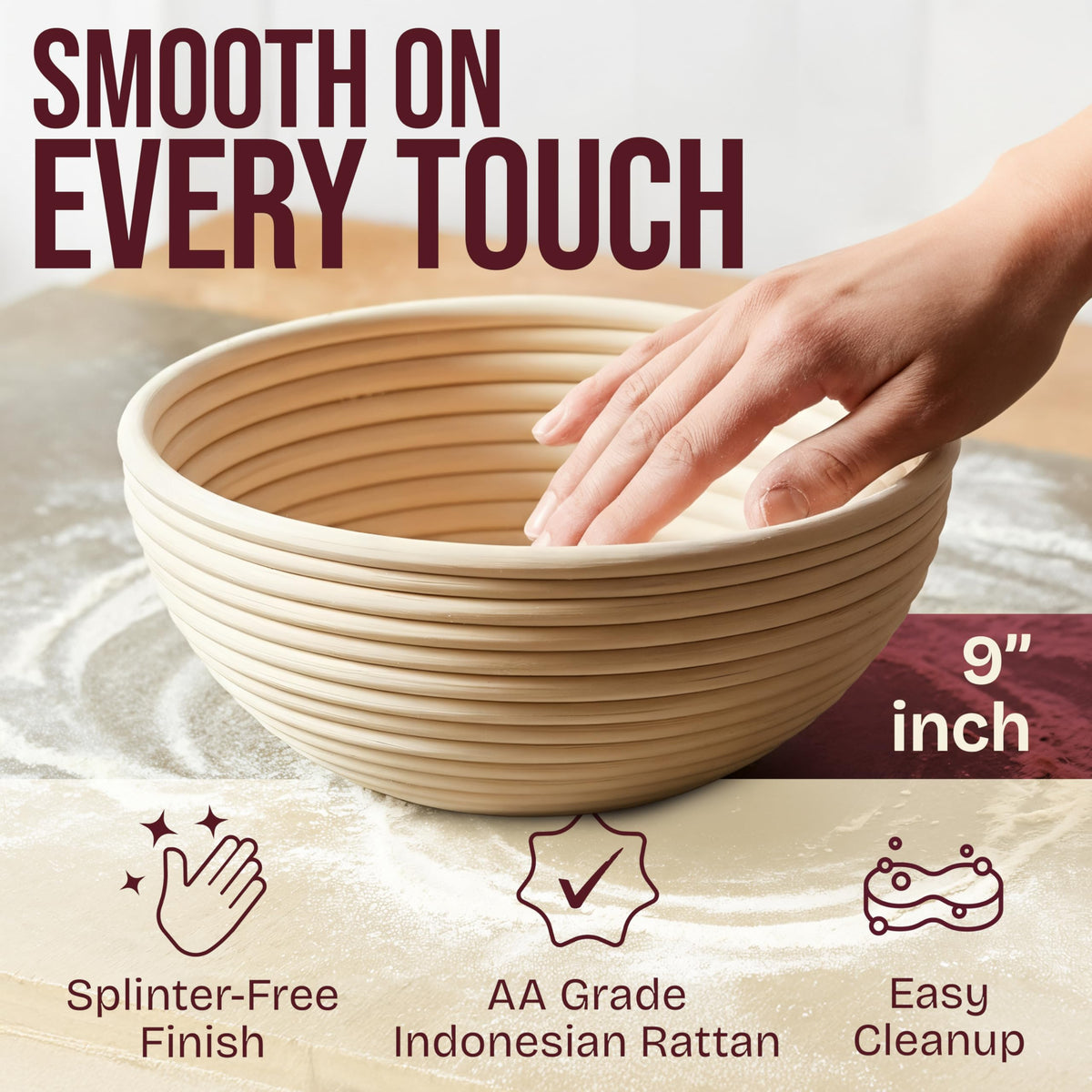 Superbaking handcrafted rattan finish adds artisanal charm while shaping dough.