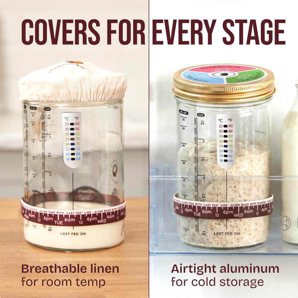 Superbaking Sourdough Starter Jar linen cover provides breathable fermentation.