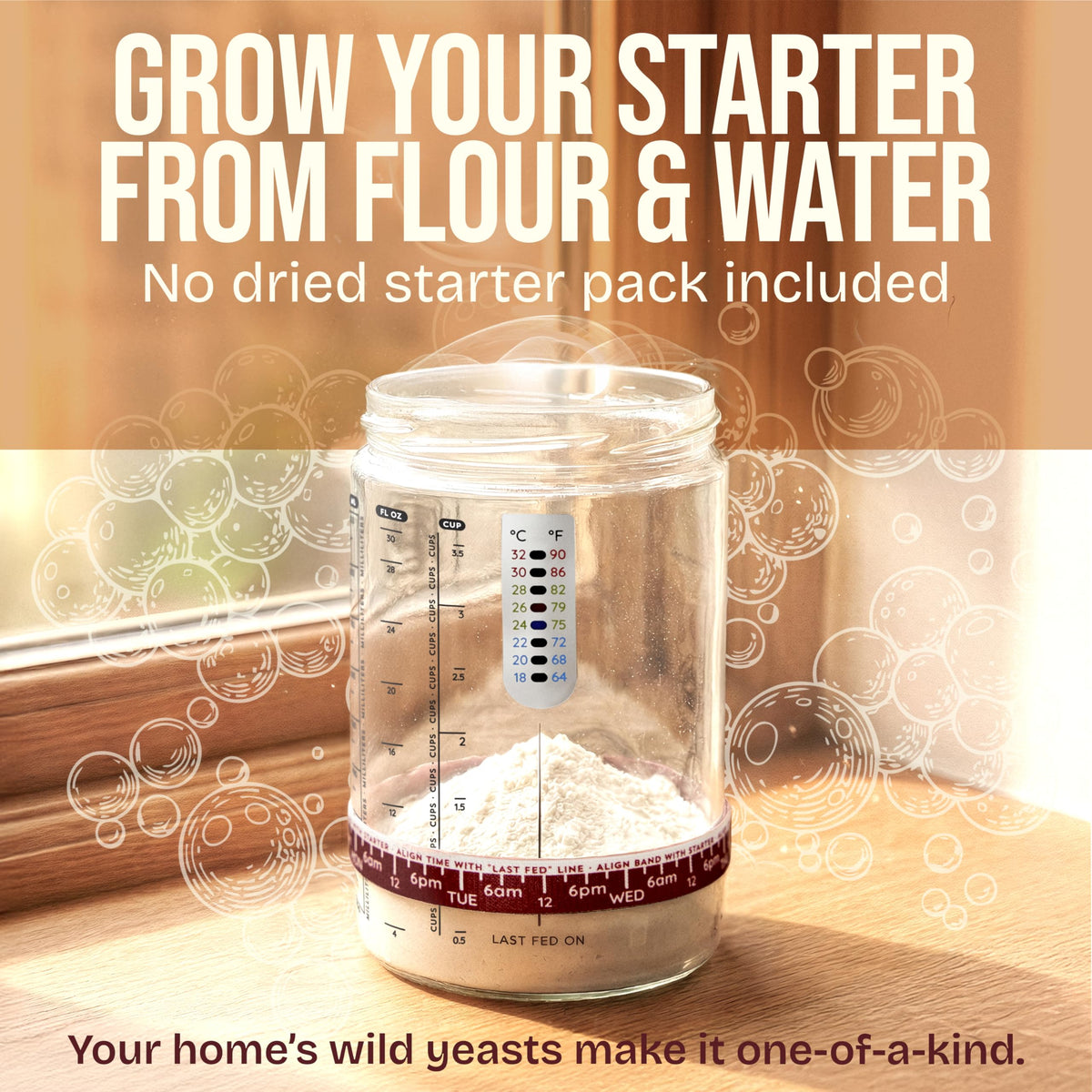 Superbaking Sourdough Starter Jar measuring cups ensure precise flour to water ratios.