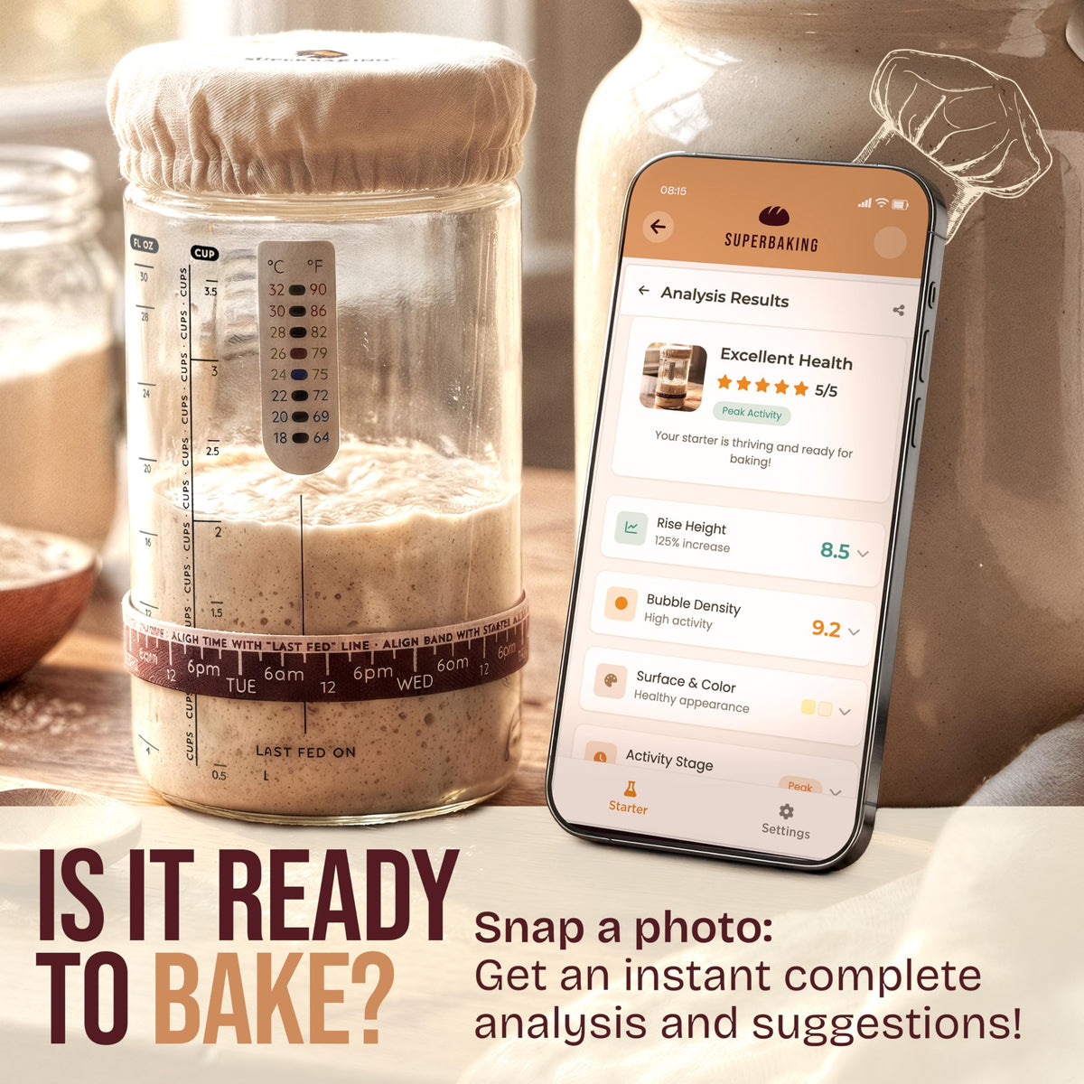 Superbaking Sourdough Starter Jar tracker band monitors feeding and growth over time.