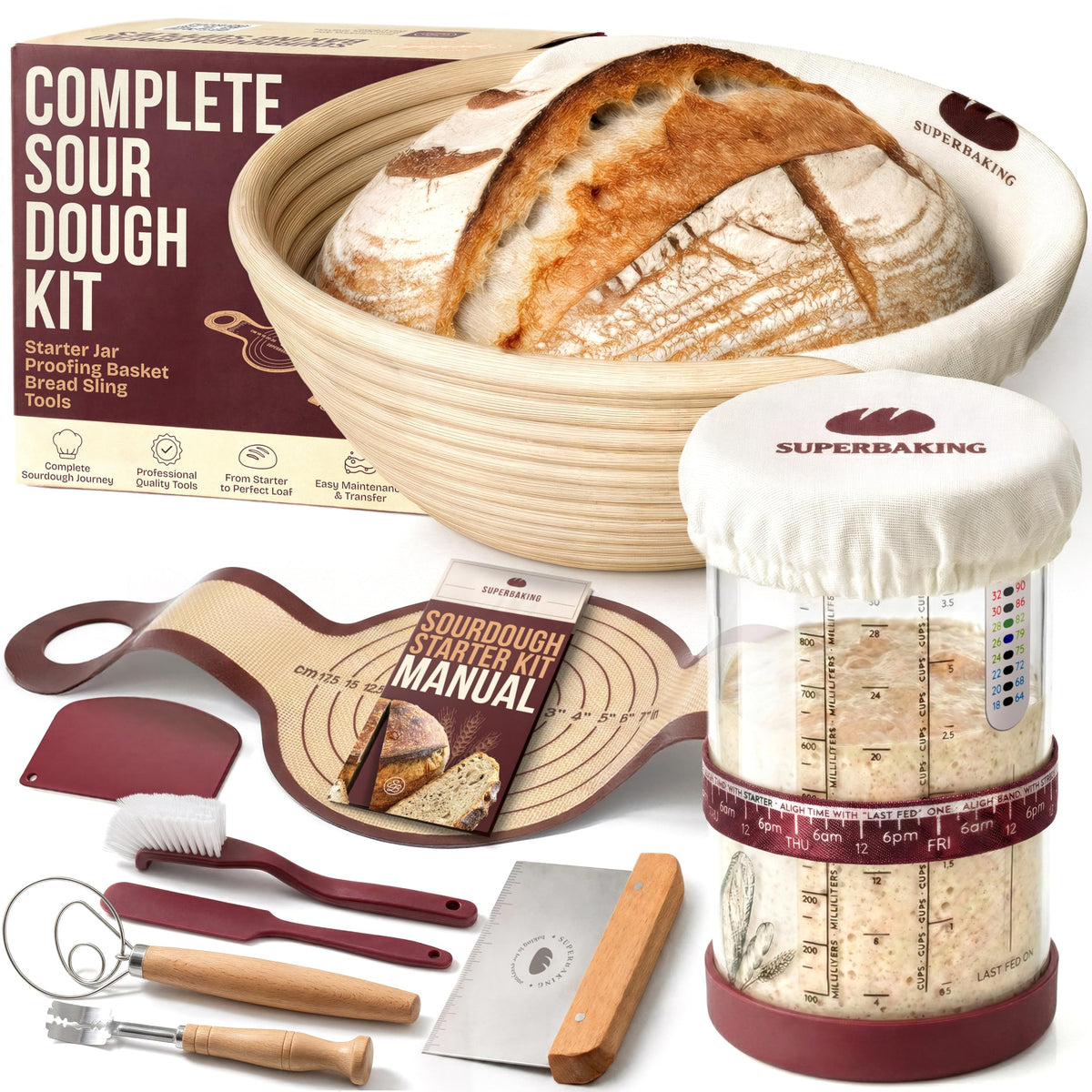 Superbaking Sourdough Starter Kit banneton spiral design for crusty loaves and airflow