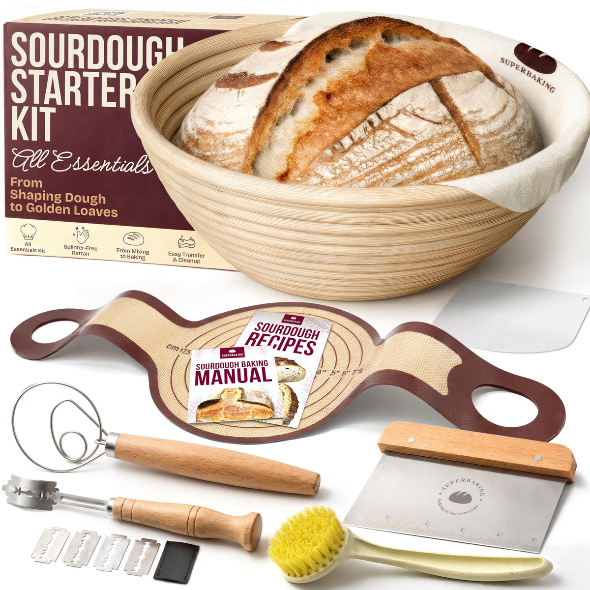 Superbaking sourdough starter kit with round banneton basket for even proofing.