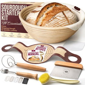 Superbaking sourdough starter kit with round banneton basket for even proofing.